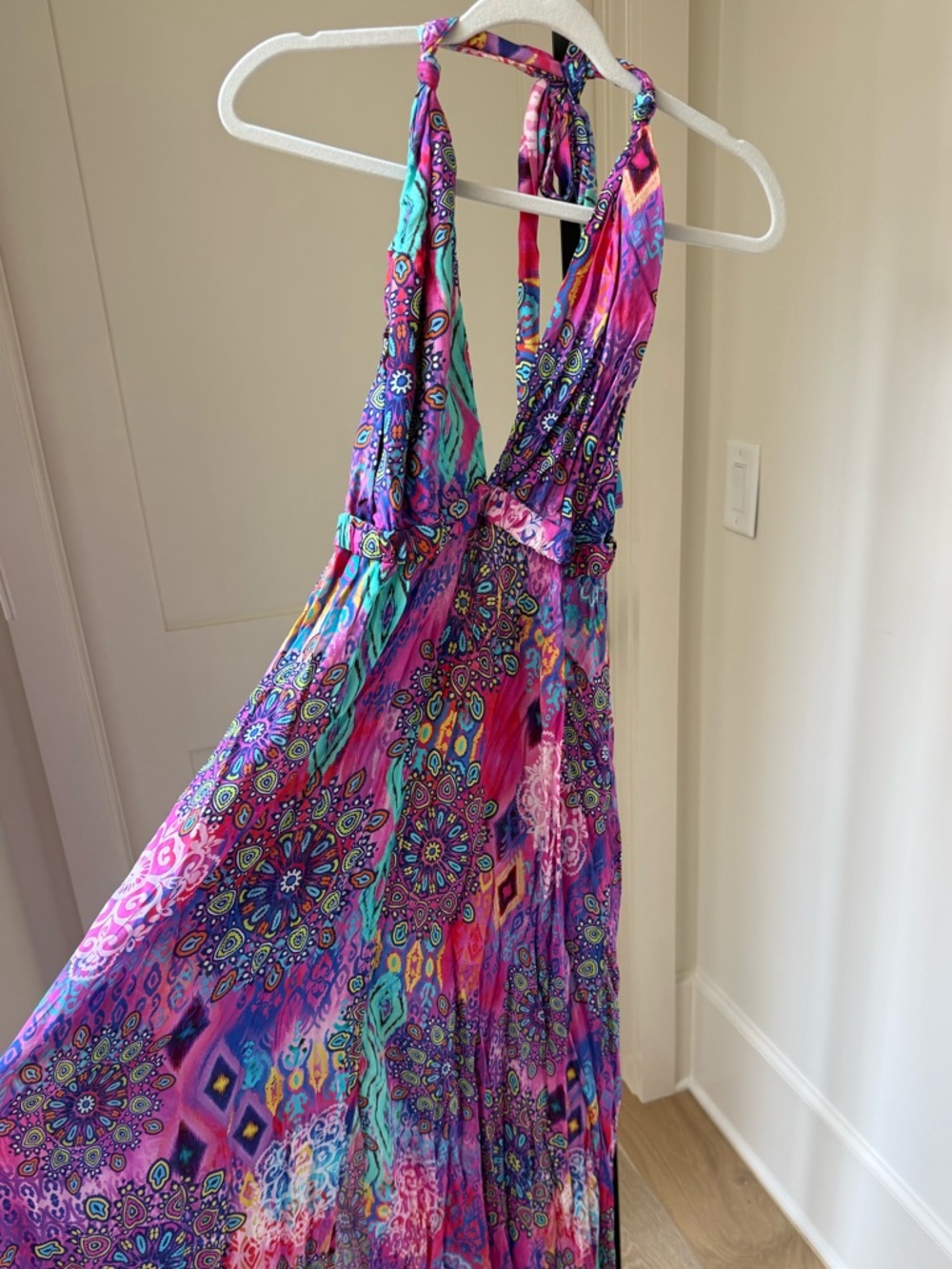 NEW Luli Fama Deep Plunge Halter Neck Long Dress - Pink Lagoon